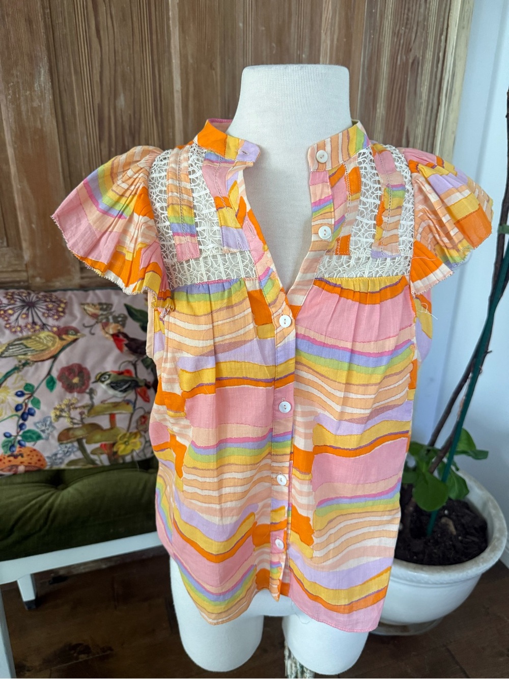Karlie Pastel Stripe Lace-Yoke Flutter Sleeve Blouse